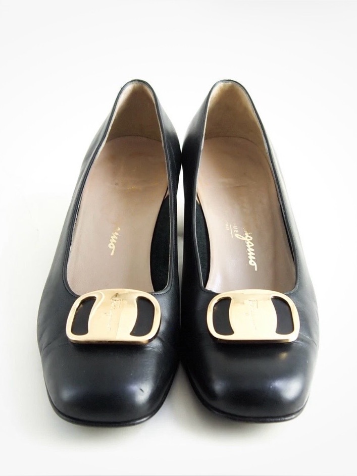 Salvatore Ferragamo Black Leather Heels With Gold Buckle